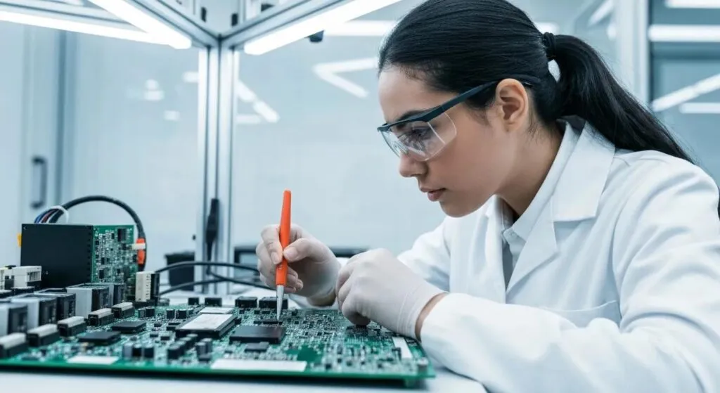 Technician in lab coat and safety glasses repairing circuit board with tools, representing expertise in technical maintenance and remediation services.