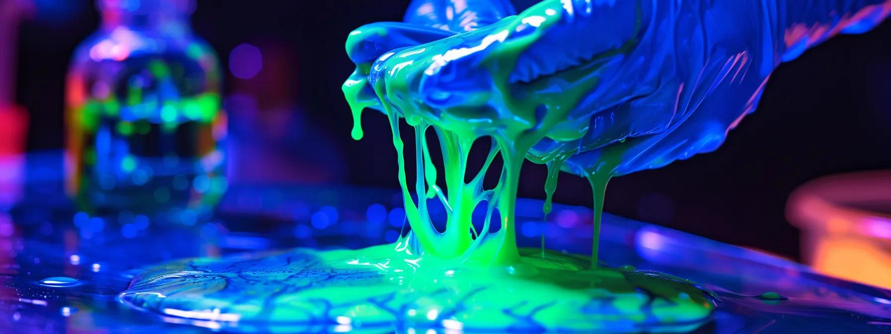Gloved hand manipulating vibrant green slime under colorful lighting, illustrating the process of zoogloea removal for HVAC maintenance.