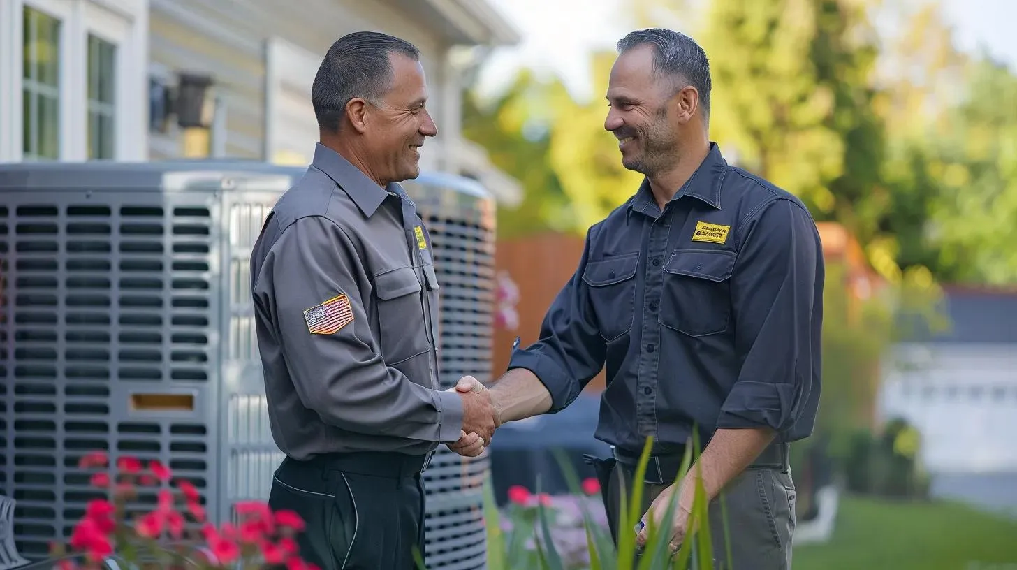 A friendly technician in a uniform shaking hands with a homeowner in front of an air conditioner unit