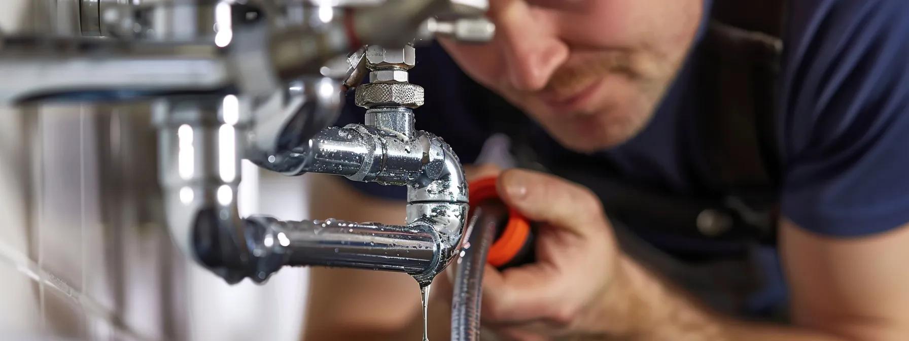 Plumber repairing a leaking pipe with a wrench, emphasizing leak detection and repair services in Oviedo, Florida.