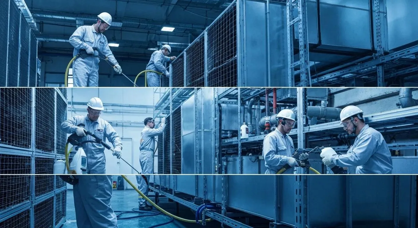 Technicians performing zoogloea remediation process on an AC system, illustrating professional cleaning techniques
