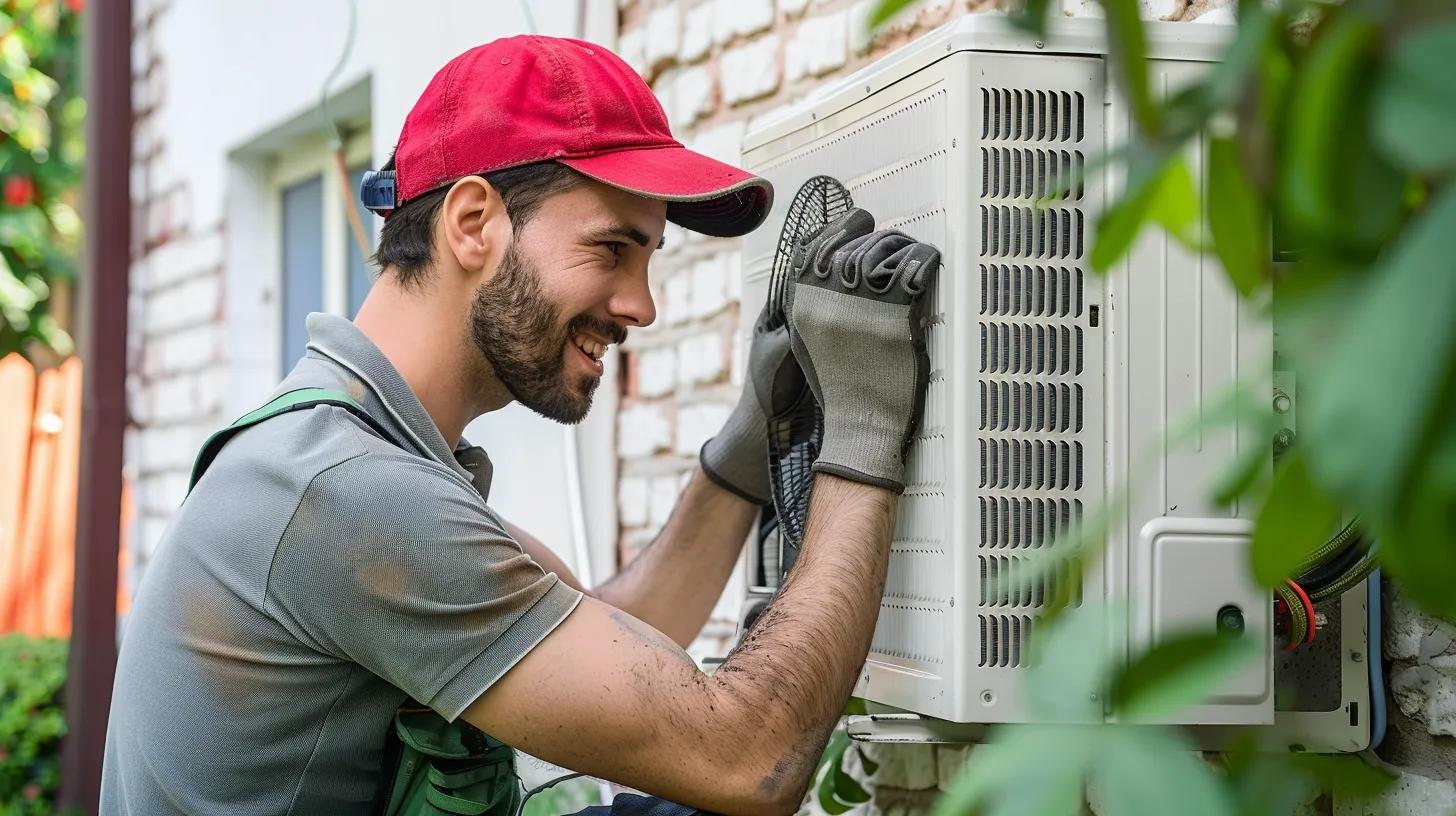 HVAC technician inspecting an outdoor air conditioning unit, emphasizing professional installation and maintenance for energy efficiency and comfort in Oviedo, Florida.