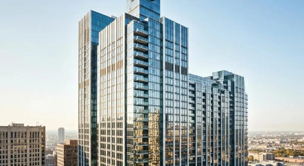 Modern high-rise building with glass facade and balconies, showcasing urban architecture in a city skyline.