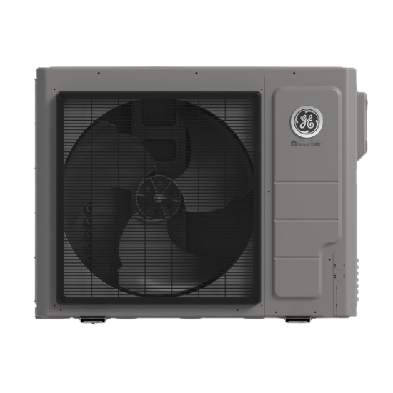 Geothermal heat pump unit with large fan, designed for energy-efficient heating and cooling in residential settings.