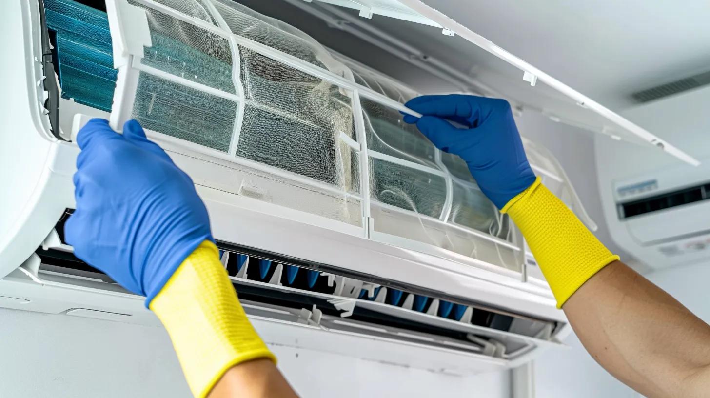 A clean air conditioner filter being installed, with a bright, well-maintained AC unit in the background