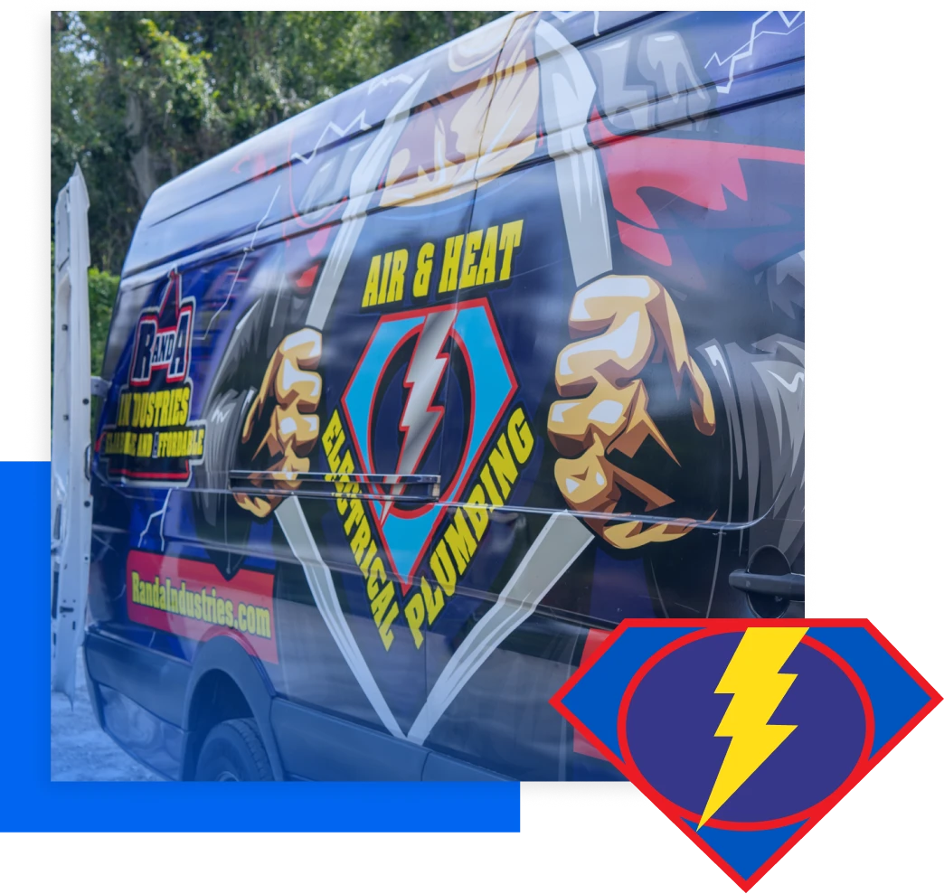R&A Industries branded service van featuring vibrant graphics with "Air & Heat," "Electrical," and "Plumbing" text, emphasizing full-service capabilities in HVAC and plumbing for Central Florida homes and businesses.