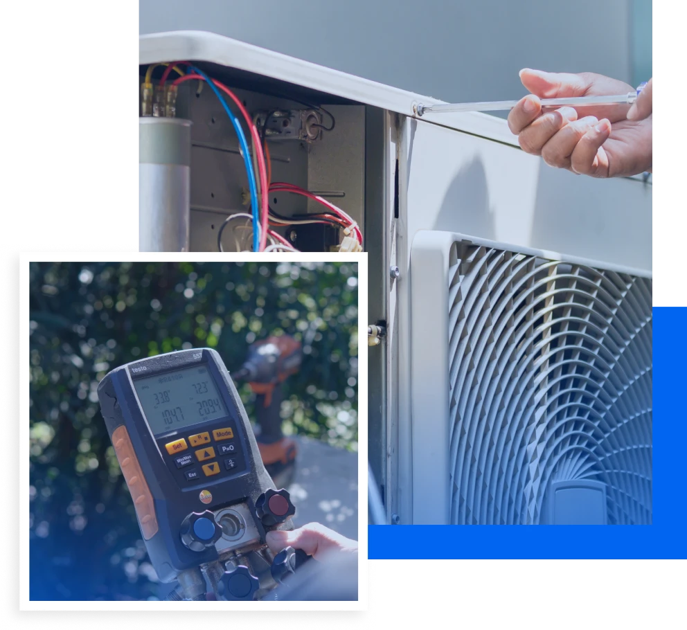 Air conditioning technician using a pressure gauge on an AC unit, showcasing professional HVAC service and repair expertise for efficient cooling solutions.