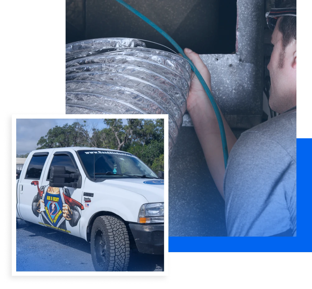 Technician cleaning air duct with flexible hose and R&A Industries service vehicle featuring a superhero logo in Oviedo, FL.