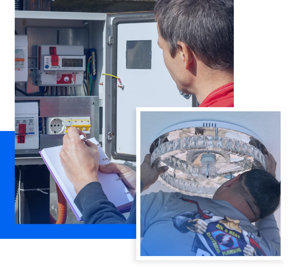 Electrician inspecting electrical panel and installing modern lighting fixture, showcasing professional electrical services for home safety and efficiency.