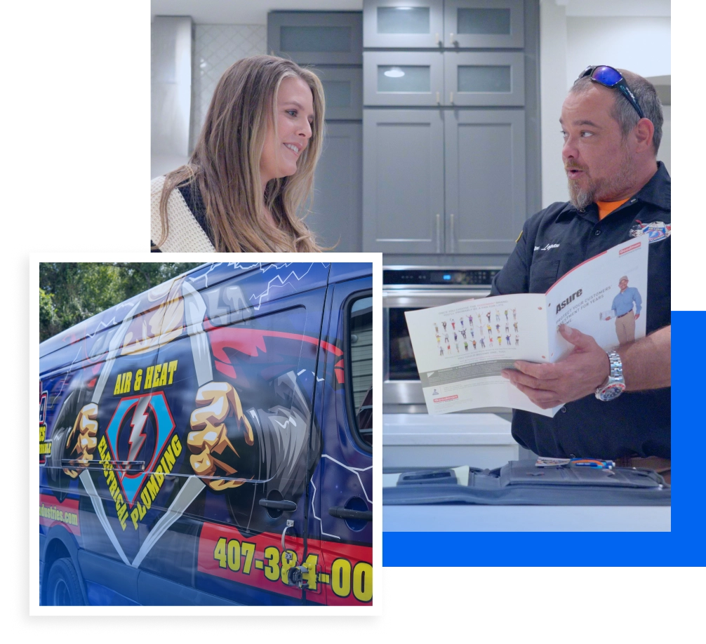 Technician discussing air filtration options with a customer in a modern kitchen, featuring a branded service van with "Air & Heat" and "Plumbing" graphics.
