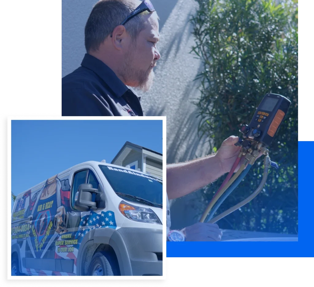 Technician inspecting HVAC equipment with pressure gauge and R&A Industries service van in background, emphasizing reliable heating services in Florida.