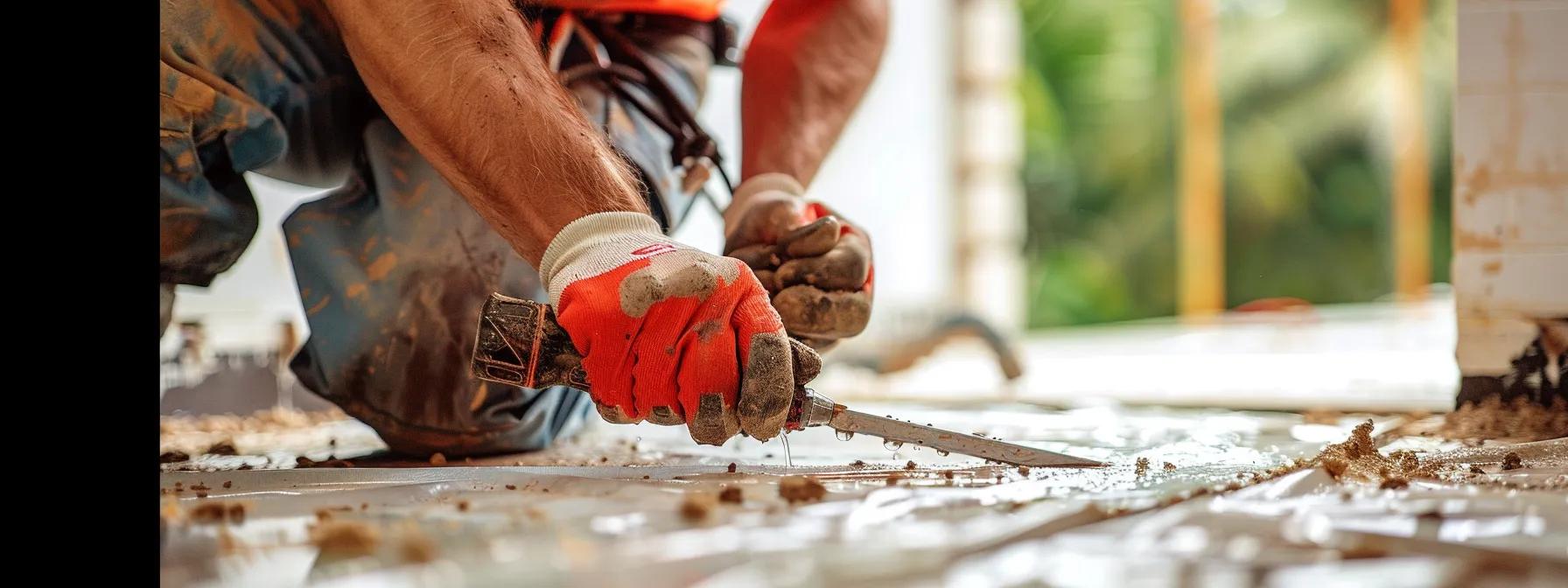 Worker using a trowel to repair flooring in a residential setting, emphasizing leak detection and plumbing repair services in Oviedo, Florida.