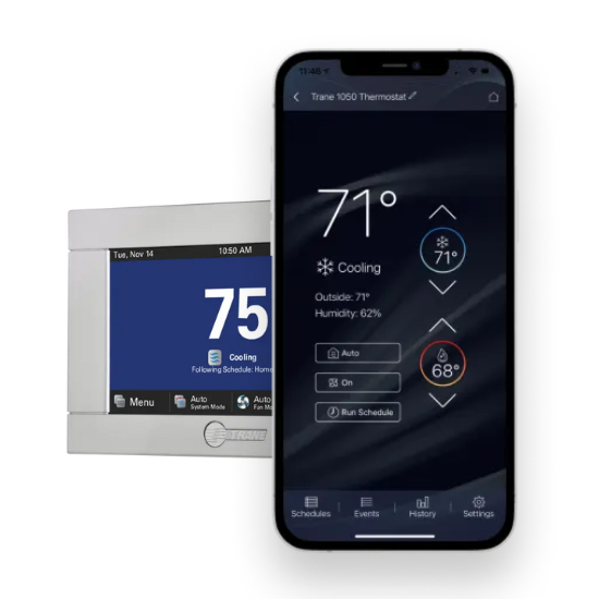 Smart thermostat display and mobile app interface showing cooling settings and temperature adjustments for efficient air conditioning control.