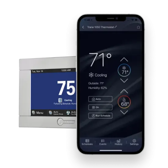 Trane thermostat and mobile app showing temperature settings for AC installation in Oviedo, FL. Cooling control for home comfort.