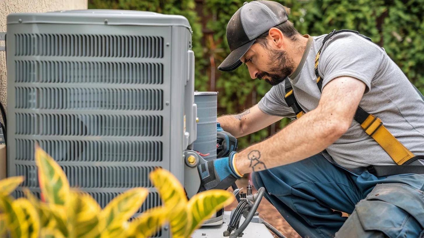 HVAC expert working on an air conditioner in a sunny residential setting.