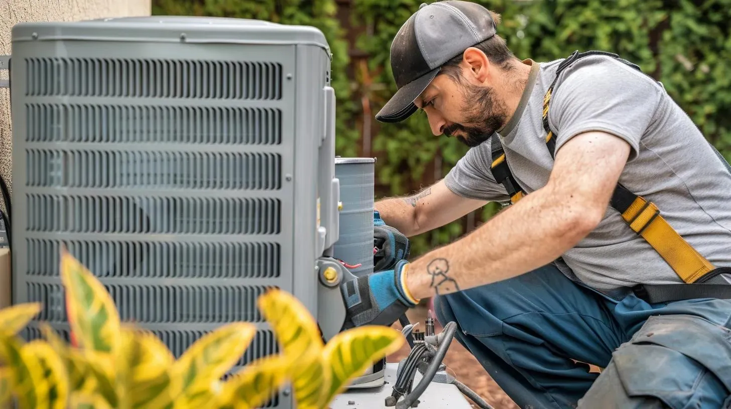 HVAC expert working on an air conditioner in a sunny residential setting.