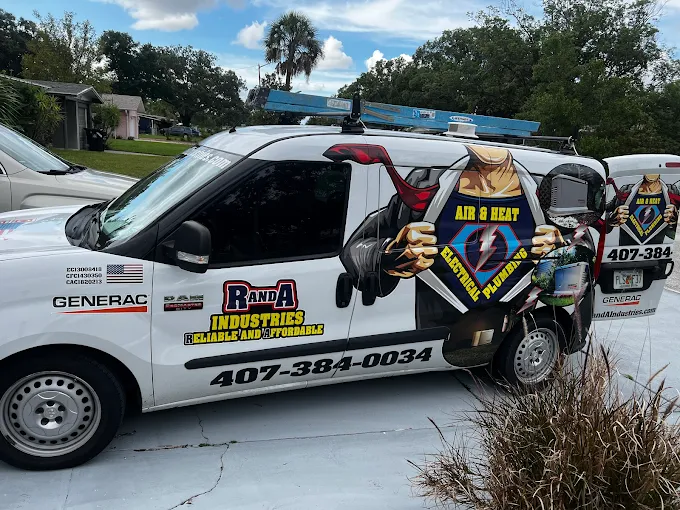 R&A Industries service van featuring a superhero design, showcasing HVAC, electrical, and plumbing services, parked in a residential area in Central Florida.