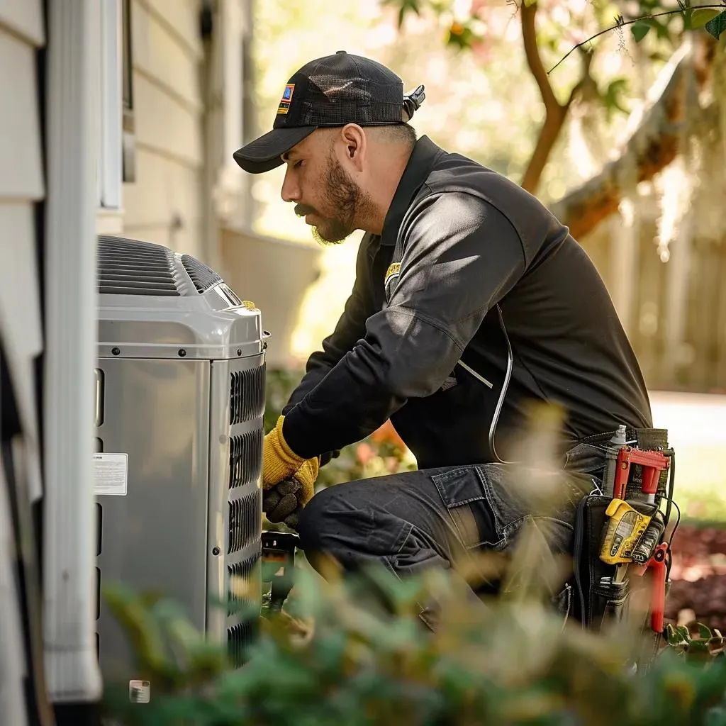 Technician servicing an air conditioning unit outdoors, wearing gloves and a cap, emphasizing HVAC maintenance for homeowners in Oviedo.