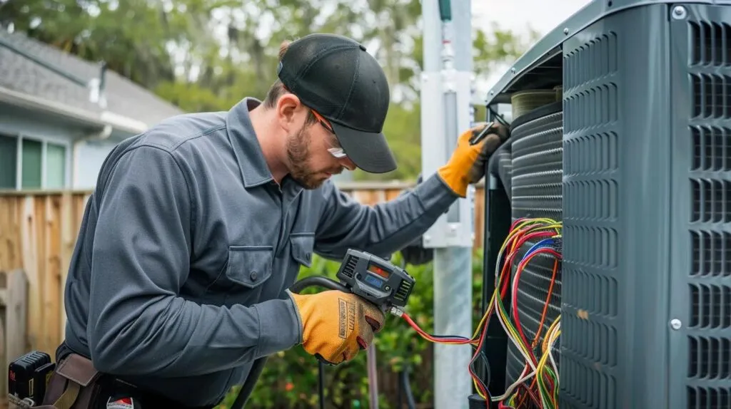 HVAC technician inspecting AC unit with thermal imaging tool. Air conditioning repair service in Oviedo, FL. AC maintenance and diagnostics.