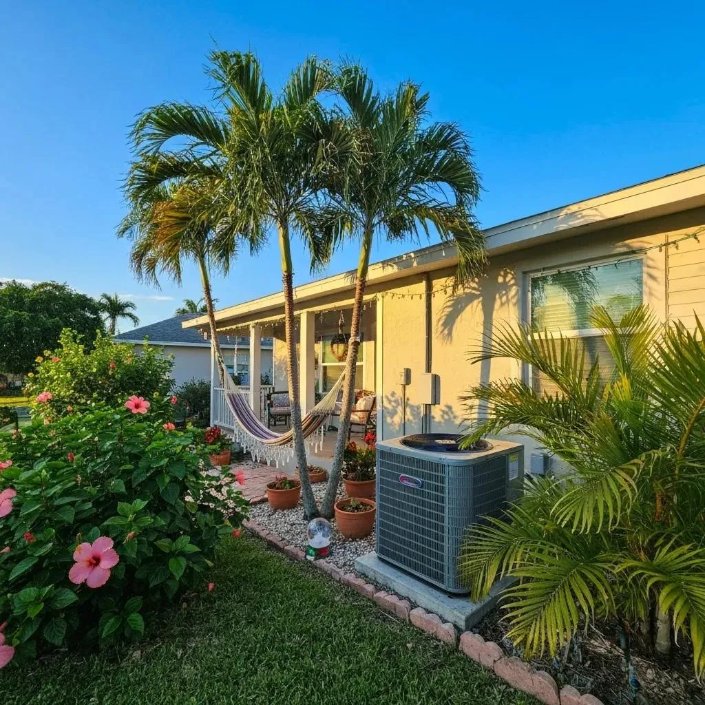 Hammock between palm trees in a Florida backyard with an air conditioning unit and vibrant flowers, illustrating winter AC preparation for homeowners in Oviedo.