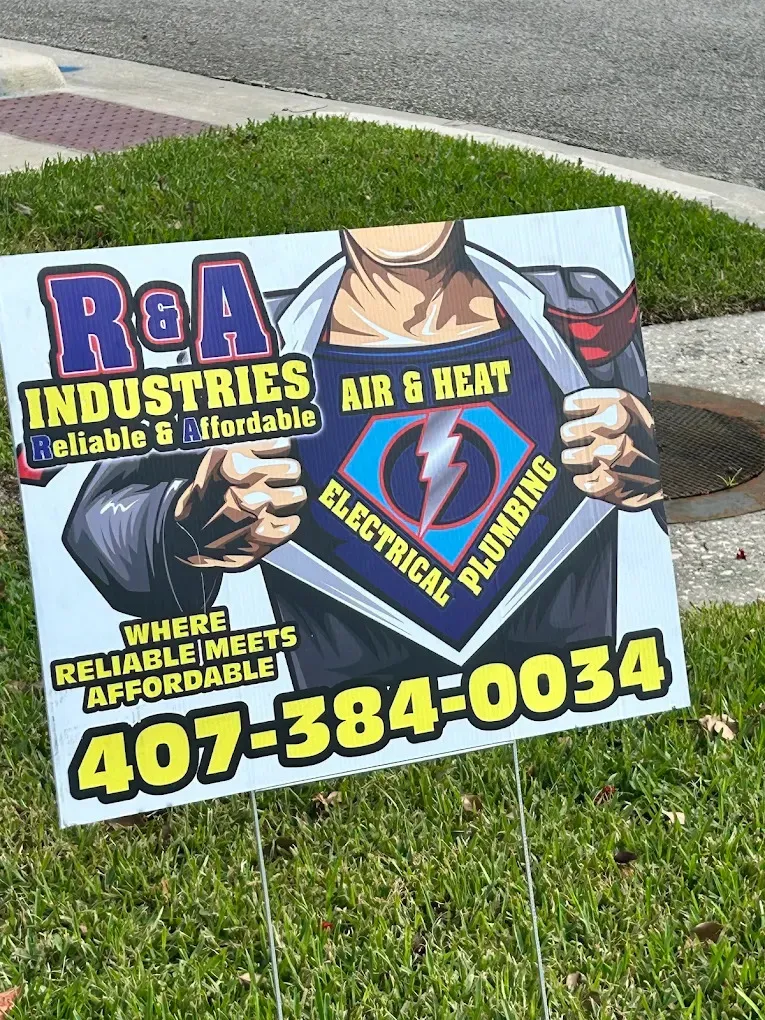 R&A Industries service sign featuring a superhero figure, promoting reliable and affordable plumbing, electrical, and HVAC services in Oviedo, FL, with contact information displayed.
