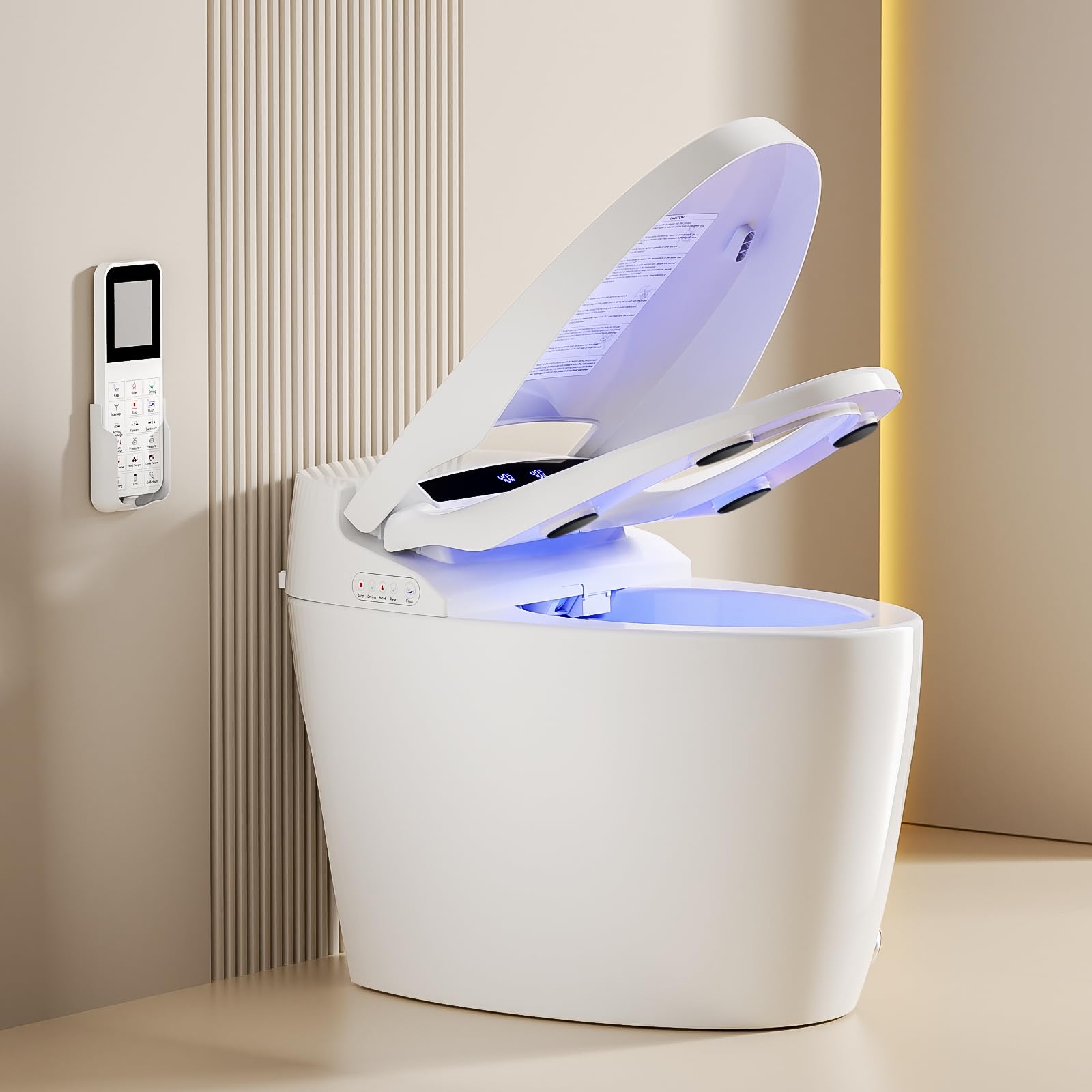 Smart toilet with bidet features, illuminated interior, and remote control, showcasing advanced plumbing technology for modern bathrooms.