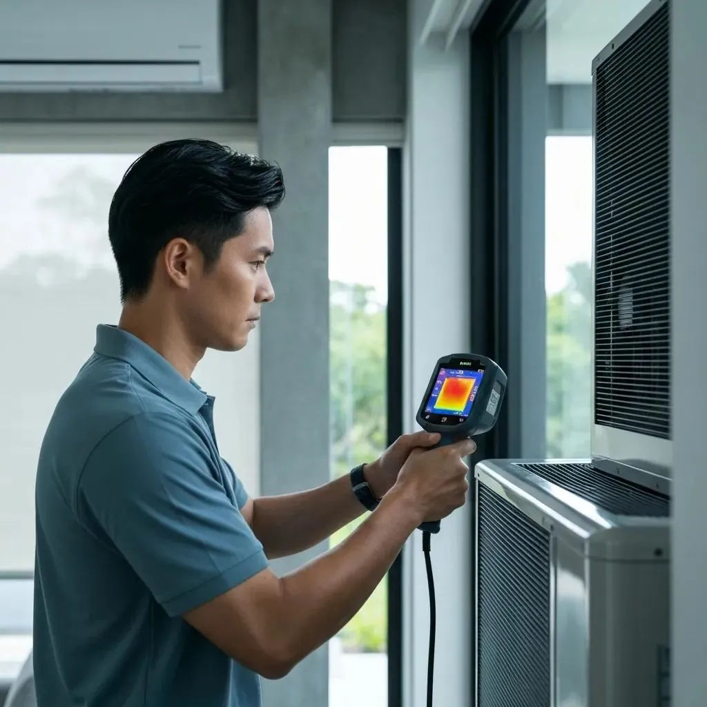 HVAC technician using thermal imaging to inspect AC unit. Air conditioning maintenance in Oviedo, FL ensures efficient cooling and identifies potential issues.