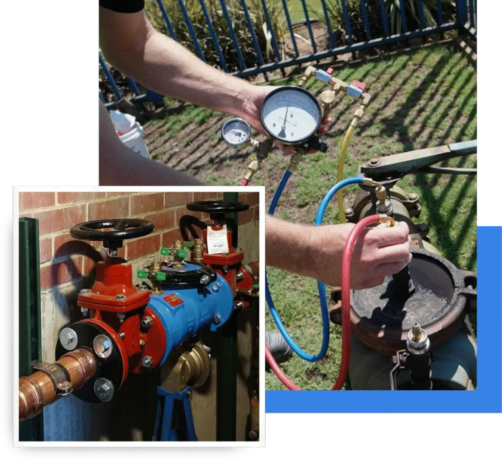 Backflow testing equipment in use, featuring a pressure gauge and valves, emphasizing R&A Industries' expertise in ensuring safe drinking water through professional backflow inspection and testing services.