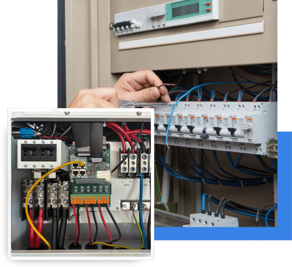 Electrical panel installation with a technician connecting wires, showcasing a detailed view of circuit breakers and wiring, emphasizing safety and efficiency for home power systems in Oviedo.
