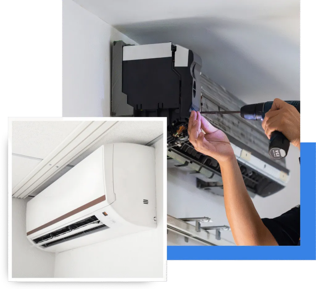 Air conditioning unit with technician repairing components, emphasizing emergency AC service and maintenance in Oviedo, Florida.
