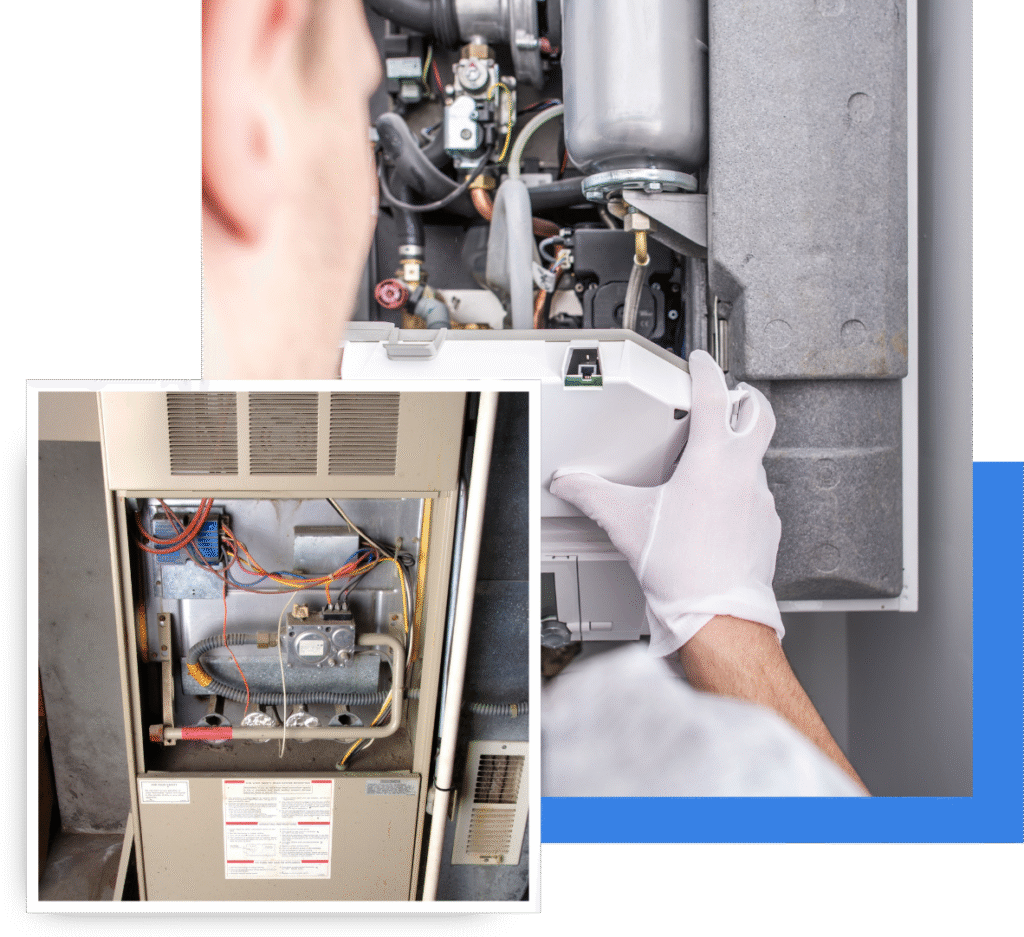 Technician inspecting furnace components, showcasing maintenance and repair services for efficient heating in Oviedo, Florida.