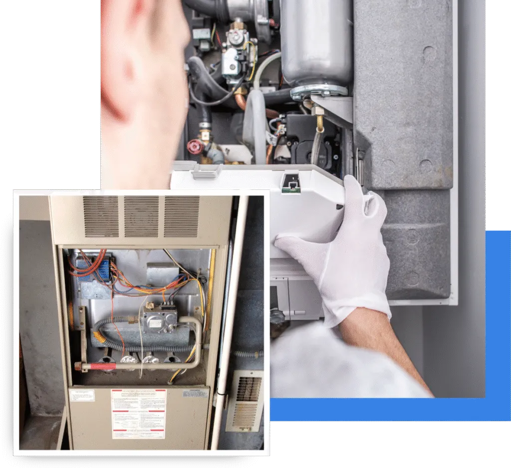 Technician inspecting furnace components, showcasing maintenance and repair services for efficient heating in Oviedo, Florida.