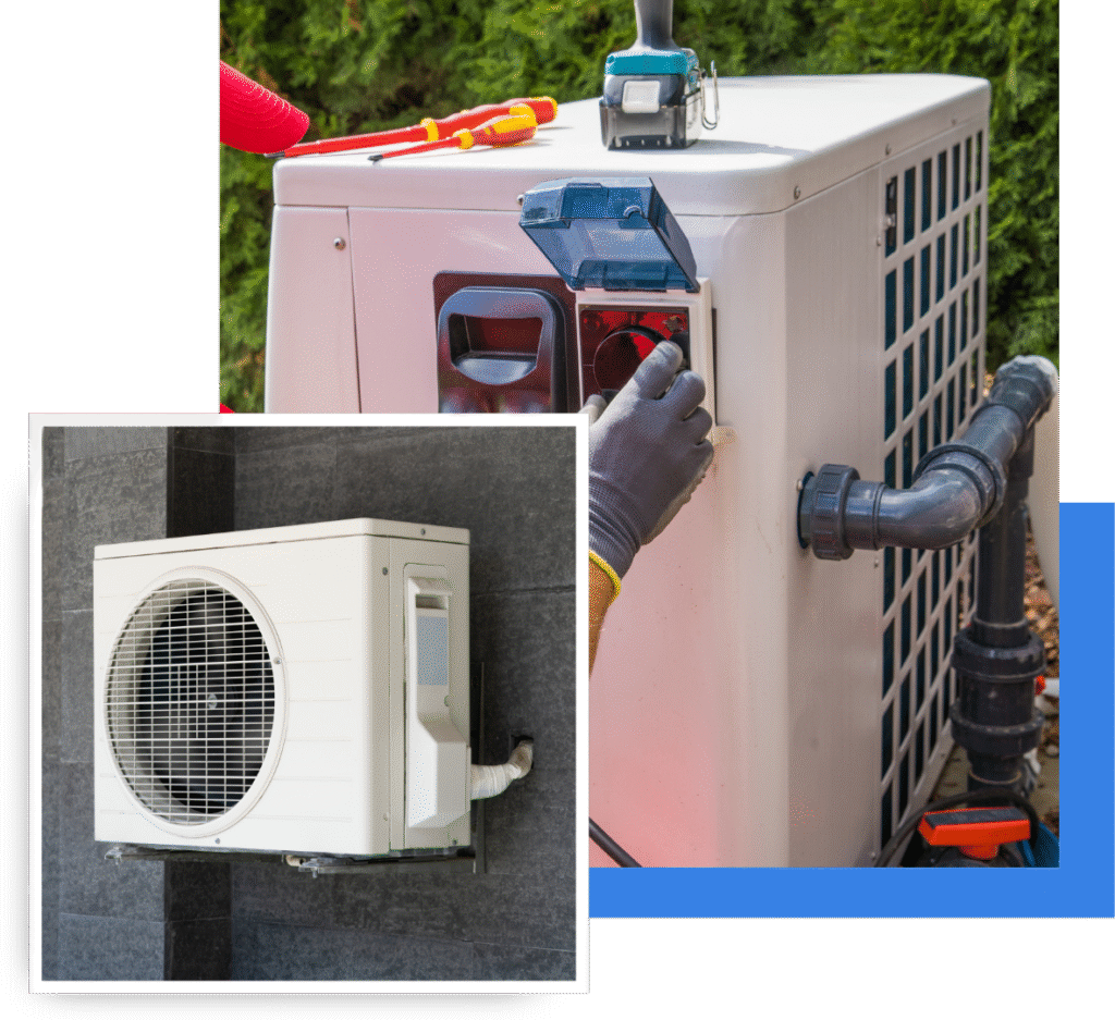 Heat pump installation and maintenance services, showcasing a technician working on a heat pump unit outdoors and a wall-mounted heat pump system.