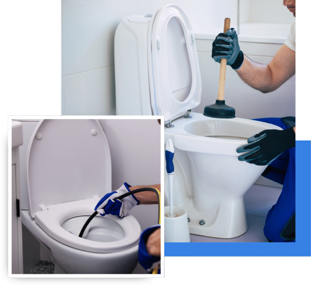 Plumber using a plunger and drain snake on a toilet, demonstrating toilet clog repair techniques in a bathroom setting, emphasizing reliable plumbing services by R&A Industries in Oviedo, Florida.