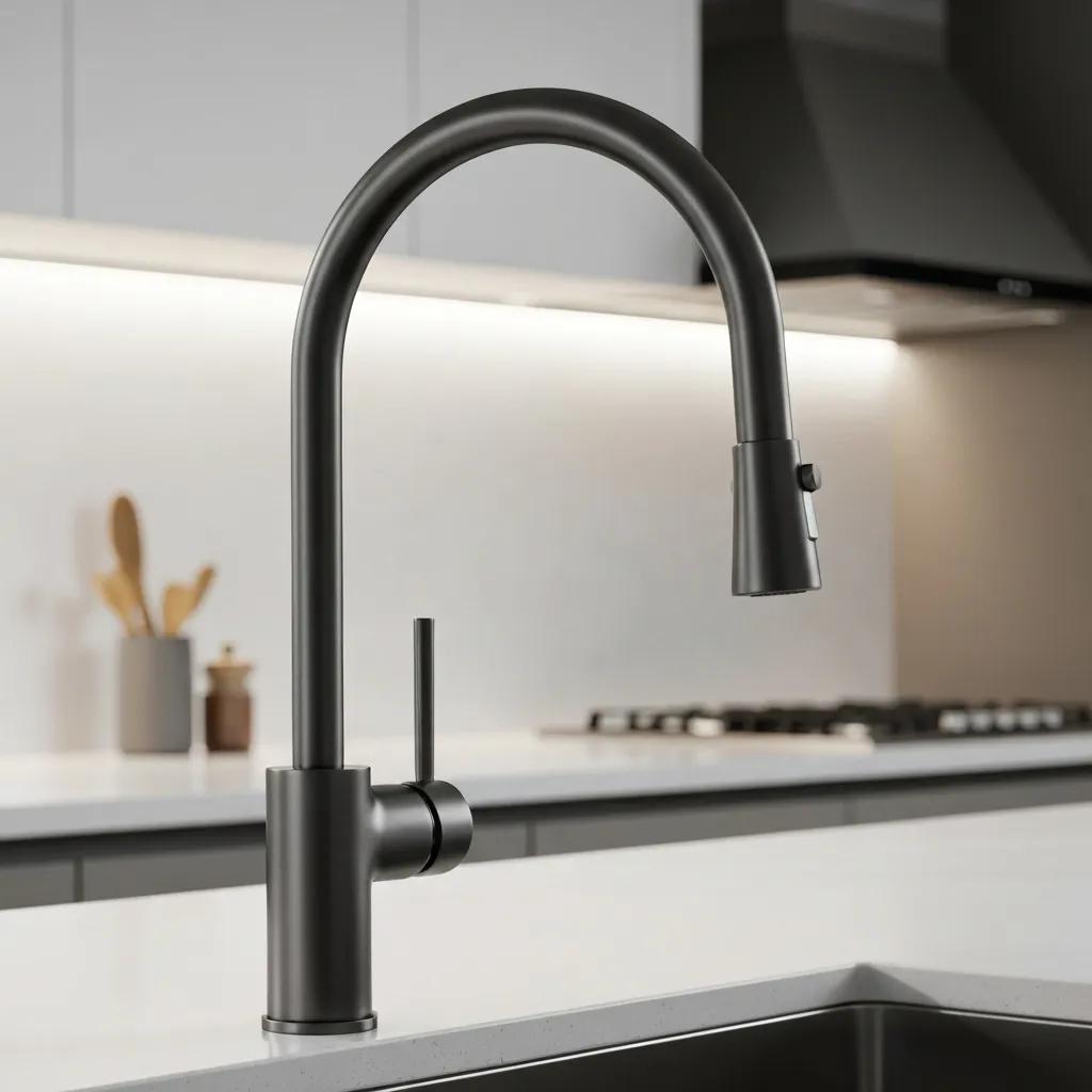 Modern black kitchen faucet with a sleek design and pull-down sprayer, set against a minimalist kitchen backdrop with subtle lighting, emphasizing functionality and style for home improvement.