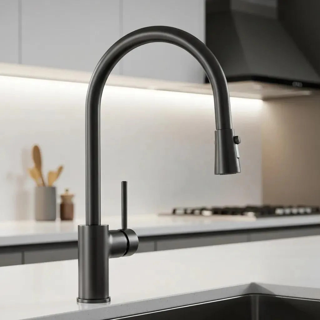 Modern black kitchen faucet with a sleek design and pull-down sprayer, set against a minimalist kitchen backdrop with subtle lighting, emphasizing functionality and style for home improvement.