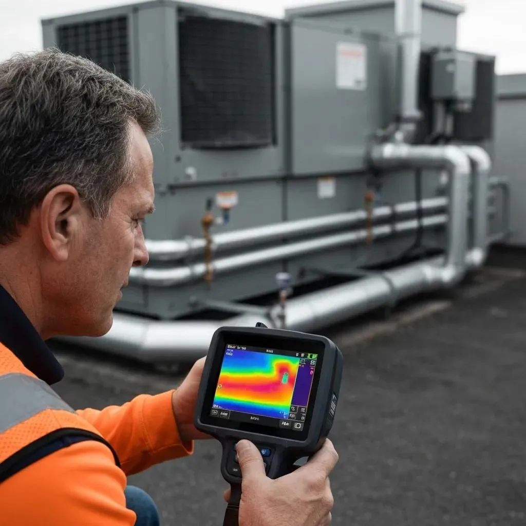 HVAC inspection with thermal imaging camera. Man inspecting commercial HVAC system for heat loss. HVAC maintenance in Oviedo, FL.