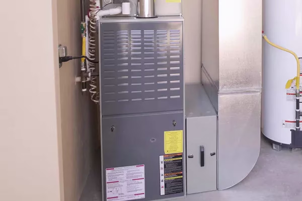 Electric furnace unit installed in a residential setting, showcasing maintenance features and safety labels, relevant to heating system efficiency in Oviedo, FL.