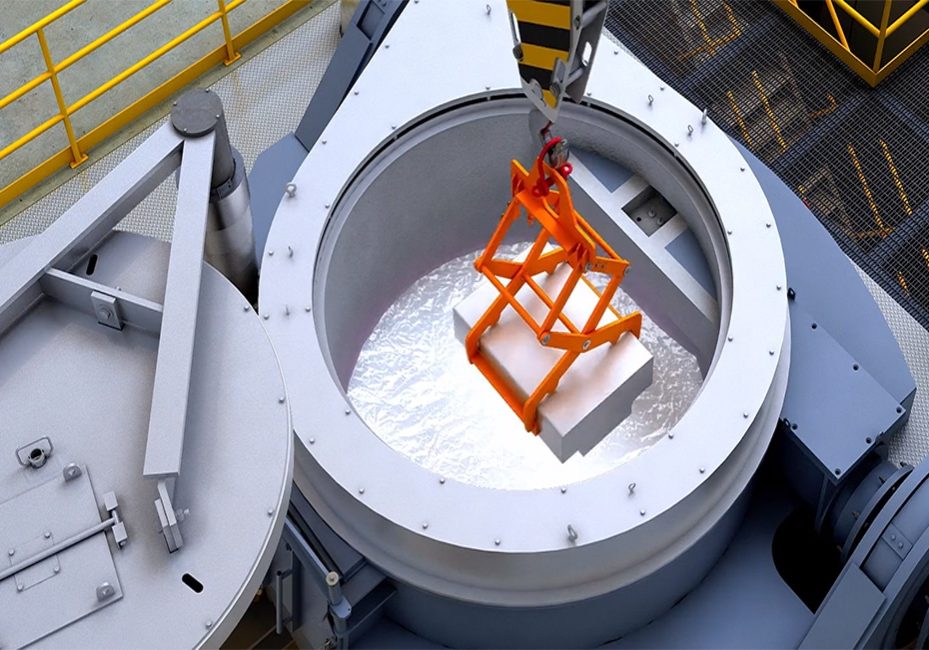 Industrial furnace system with a crane lifting a block into a molten metal bath, showcasing hybrid furnace technology for efficient heating solutions in Oviedo, FL.