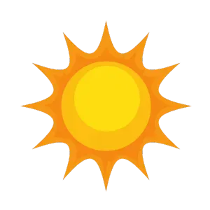 Illustration of a bright yellow sun with orange rays. It represents sunshine and warmth. Perfect for weather forecasts or summer-themed content.