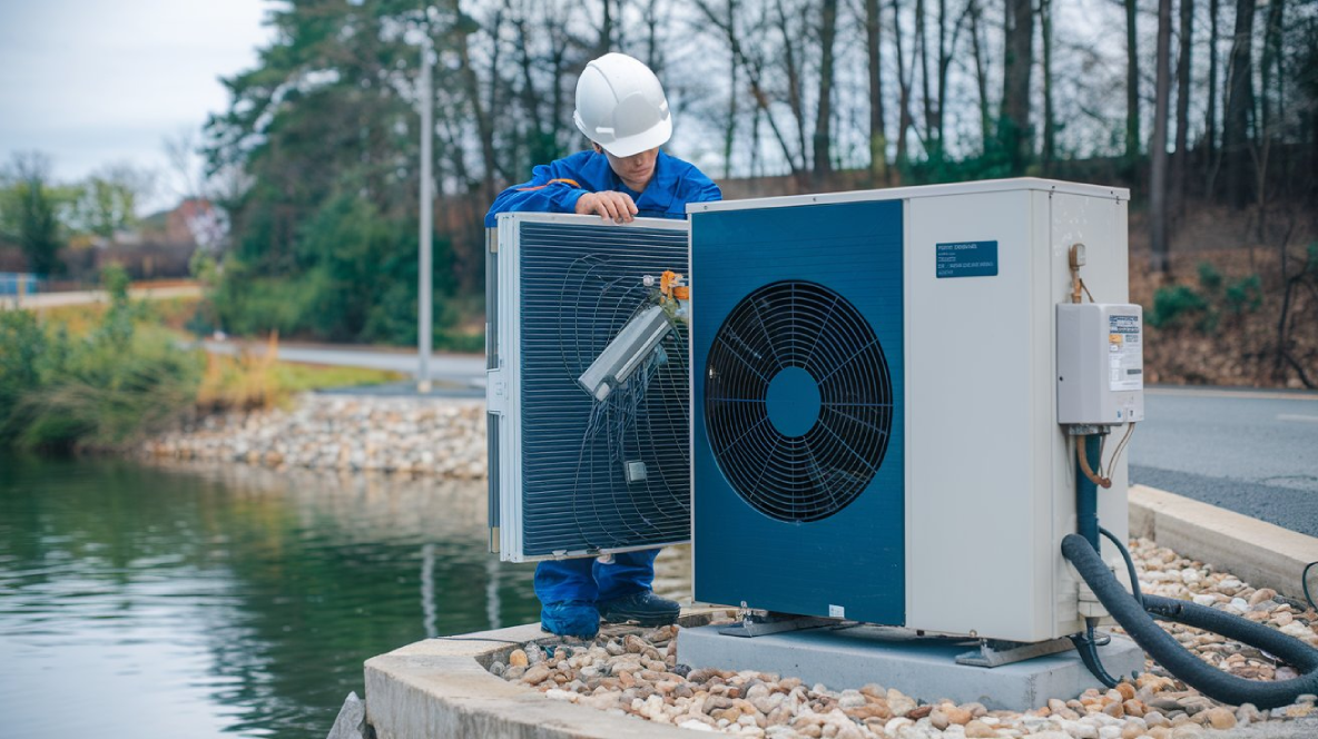 Technician servicing a water-source heat pump near a body of water, emphasizing maintenance for efficient building performance.