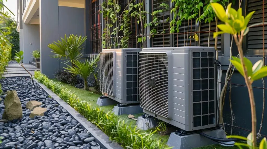 HVAC units installed outdoors beside a landscaped area with plants and decorative stones, illustrating the importance of maintaining clean and efficient heating systems in residential properties.