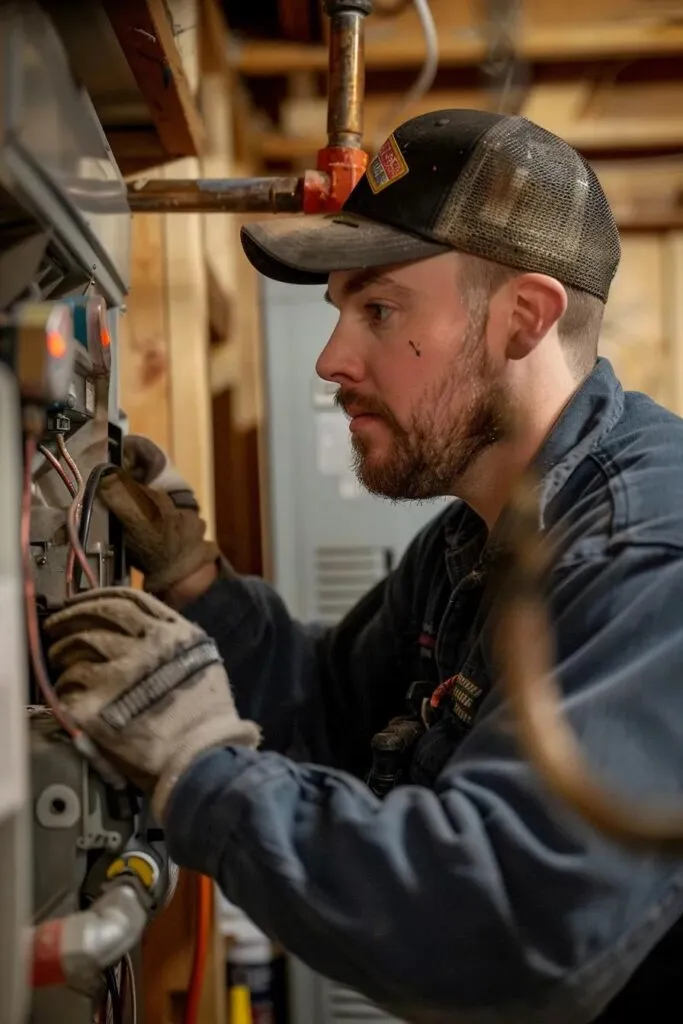Man in gloves repairing a furnace, focusing on electrical components, in a residential setting, highlighting the importance of furnace maintenance in humid climates like Florida.