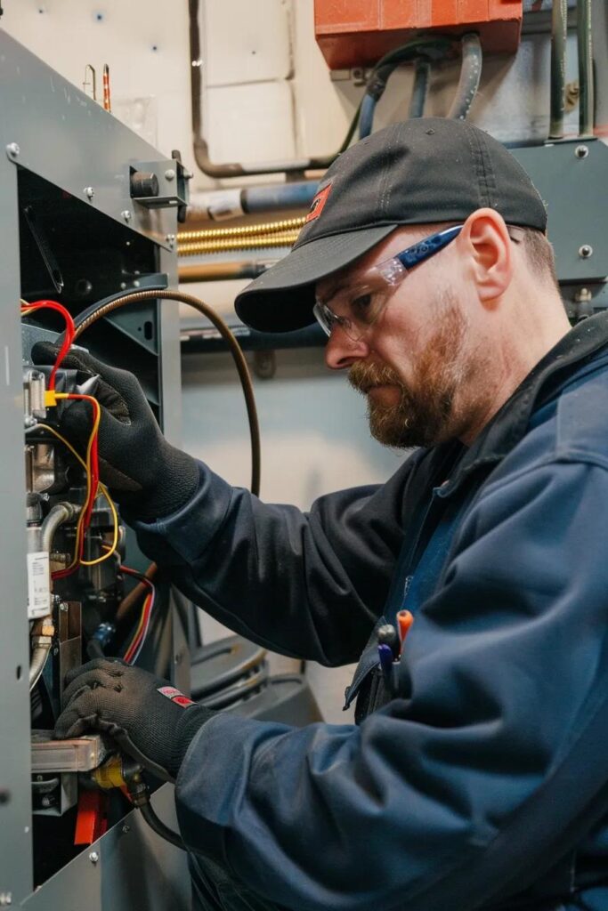 Technician performing furnace maintenance, inspecting internal components with tools, emphasizing expert HVAC service in Oviedo, Florida.