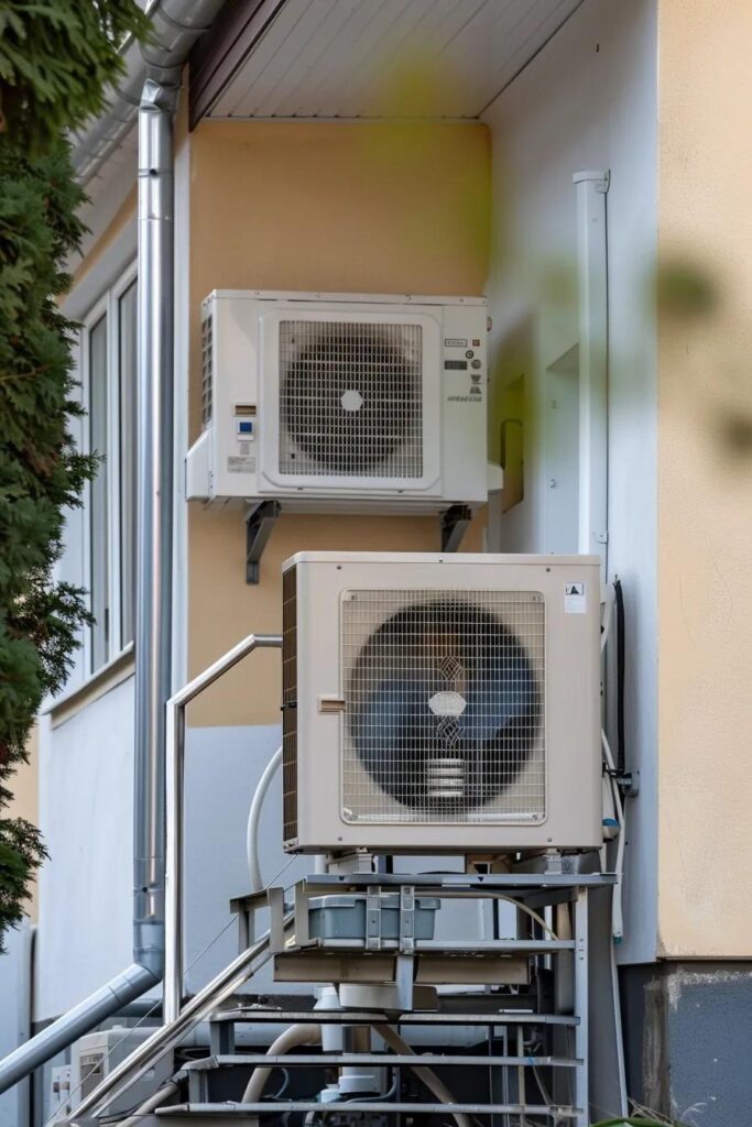 Exterior view of two HVAC units mounted on a wall, emphasizing the importance of regular furnace maintenance for energy efficiency and system longevity.