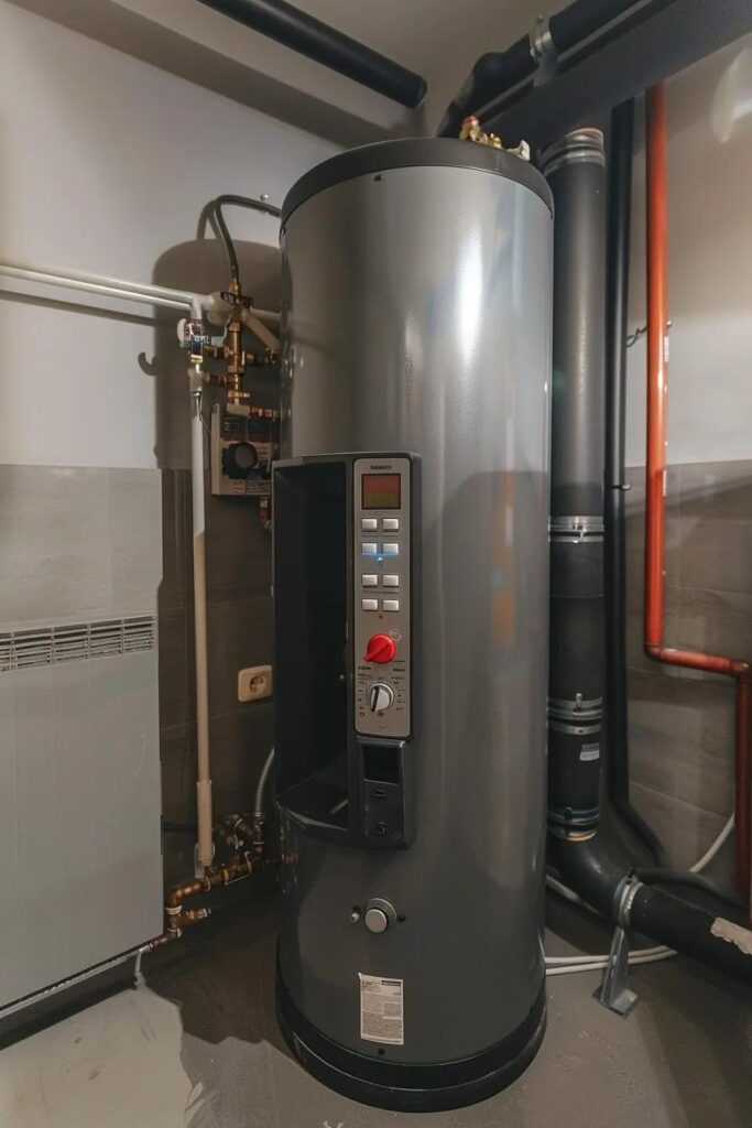 Gray water heater with digital control panel and plumbing connections in a residential setting, highlighting potential issues for Oviedo homeowners.