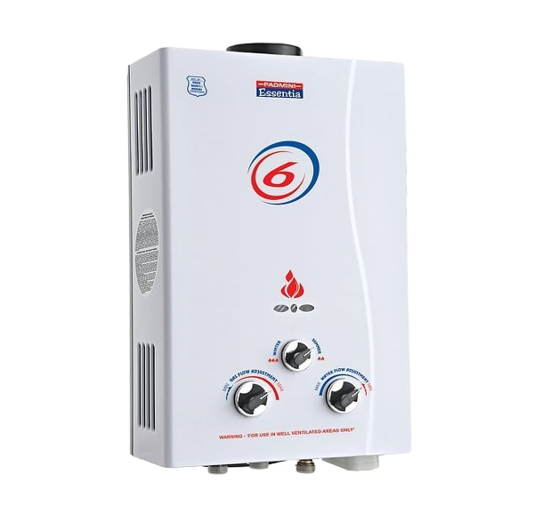 Gas water heater unit with control knobs and safety warnings, representing efficient hot water solutions for homeowners.