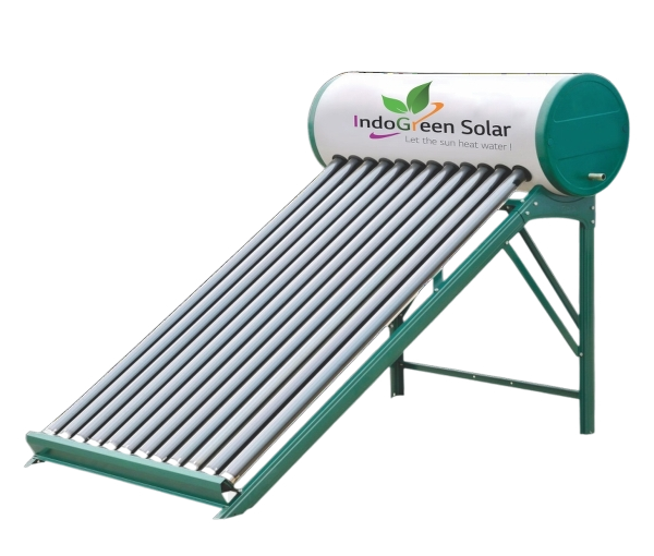 Solar water heater system with multiple tubes and storage tank, promoting energy efficiency and eco-friendly hot water solutions.
