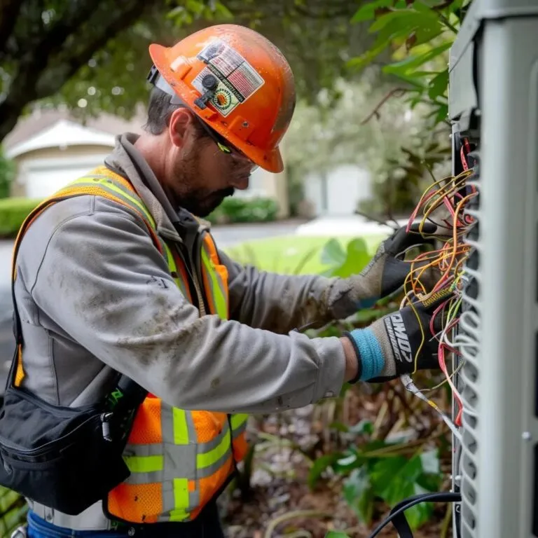 Technician in safety gear repairing HVAC unit outdoors, emphasizing R&A Industries' commitment to quality service and furnace maintenance in Florida's climate.