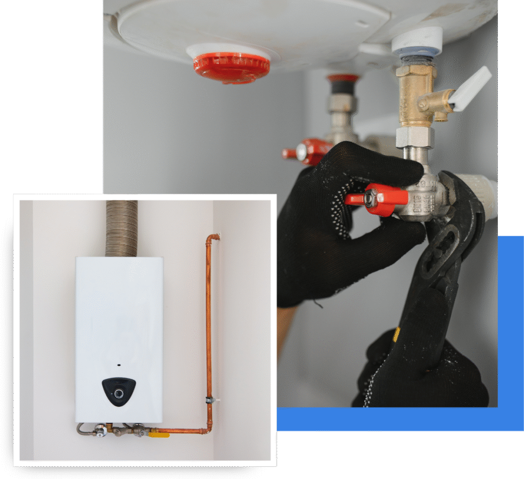 Water heater installation with technician adjusting valves, showcasing energy-efficient system in Oviedo.